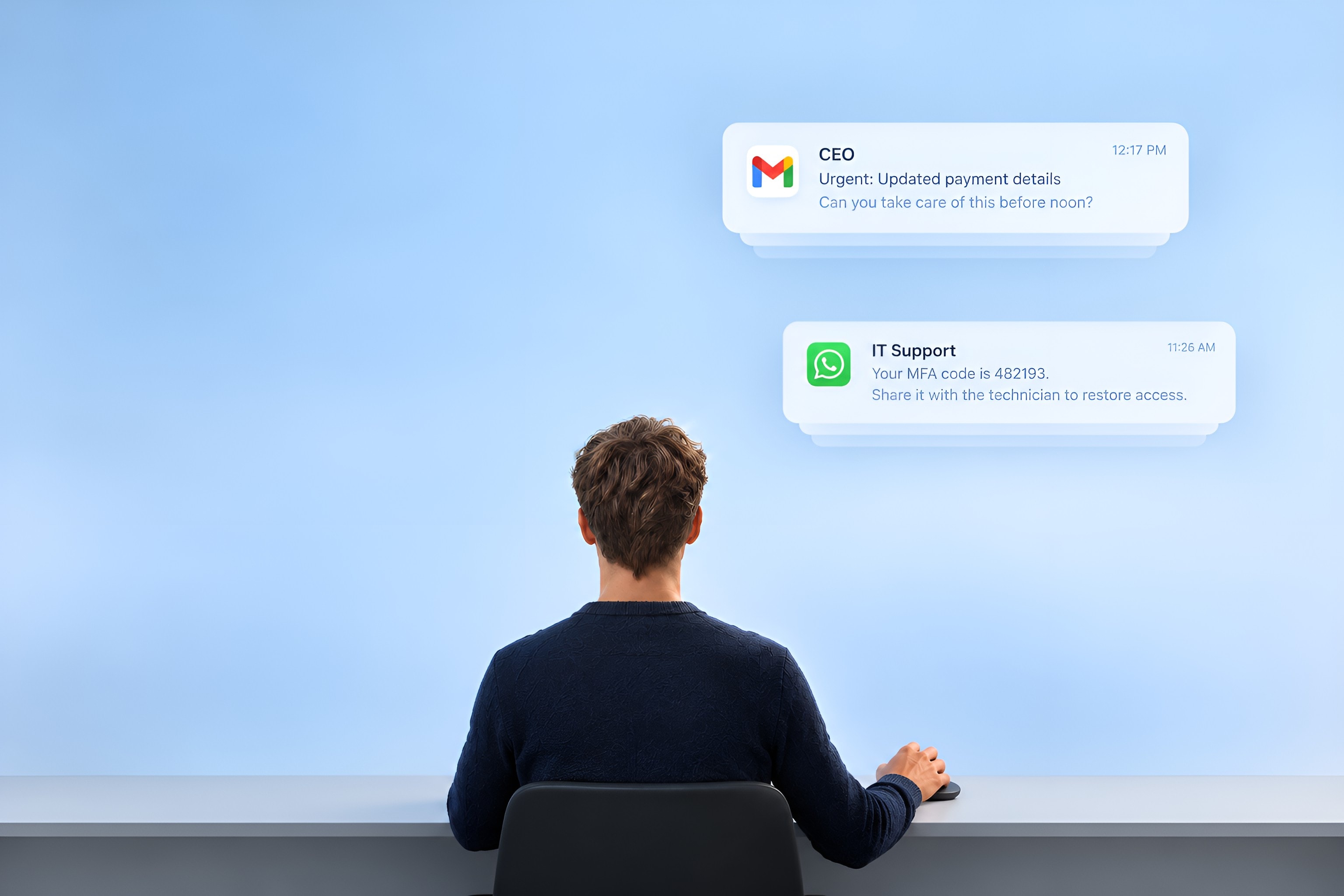An employee at a desk facing a wall of phishing messages, an urgent CEO payment request and a WhatsApp IT-support message asking for an MFA code